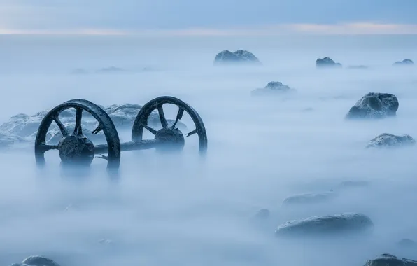 Picture sea, landscape, fog, wheel