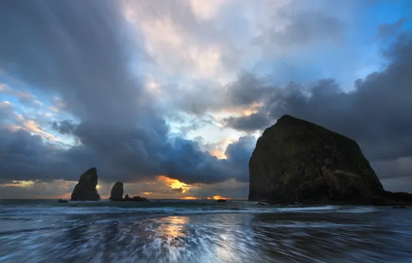 Beach, rocks, dawn, oregon coast, cannon beach