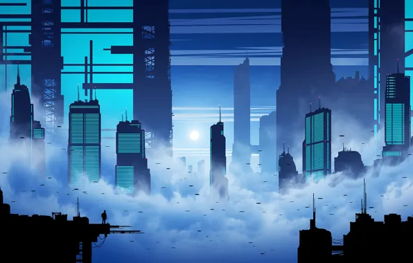 Fog, The city, Silhouette, Skyscrapers, Landscape, Art, Fiction, Kvacm