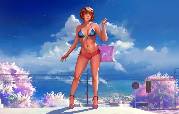 Swimsuit, summer, the sky, clouds, the city, Girl, Sakura, horizon