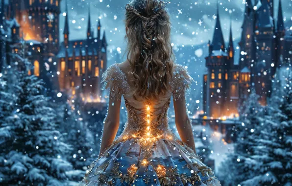 Girl, Snow, Castle, Dress, New year