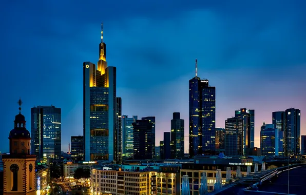 Picture the sky, sunset, lights, home, skyscrapers, the evening, Germany, Frankfurt am main