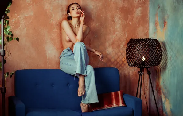 Chest, girl, pose, sofa, wall, jeans, hands, floor lamp