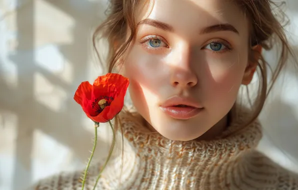 Flower, look, girl, light, red, face, wall, Mac