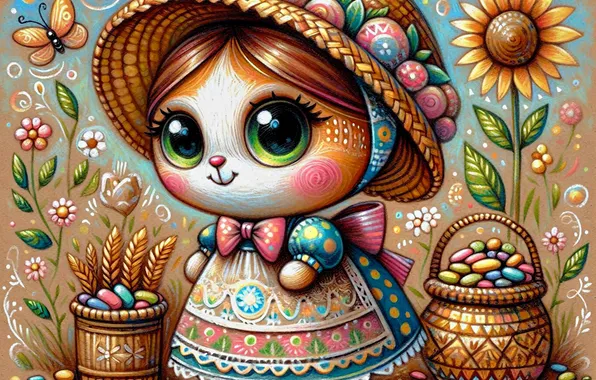 Cat, eyes, look, sunflowers, patterns, styling, dress, pussy