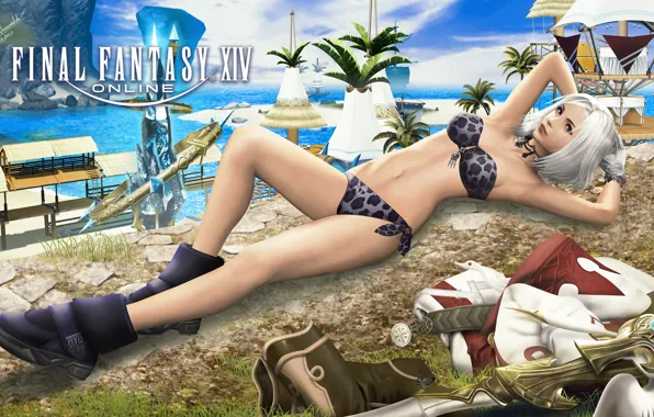 Beach, girl, art, final fantasy, karina, Final Fantasy XIV Online