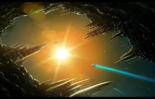 The sun, ship, station, asteroid, space