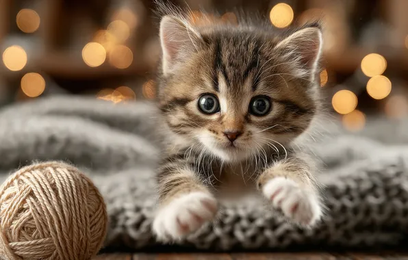 Cat, look, tangle, lights, pose, kitty, grey, jump