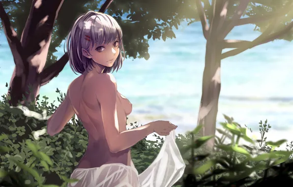 Kawaii, forest, beach, sea, boobs, breast, anime, topless