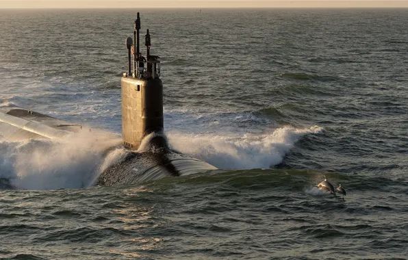Wave, the ocean, boat, dolphins, USA, underwater, Navy, submarine