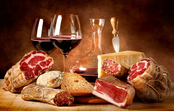 Wine, red, food, cheese, glasses, bread, meat, red