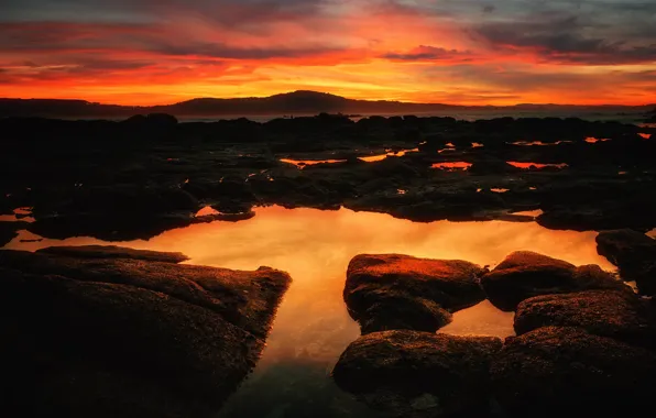 Sea, the sky, water, clouds, light, sunset, mountains, bright