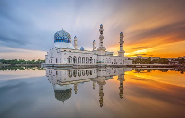 Clouds, reflection, morning, mirror, Malaysia, Likas Bay, Kota Kinabalu city Mosque, sand road