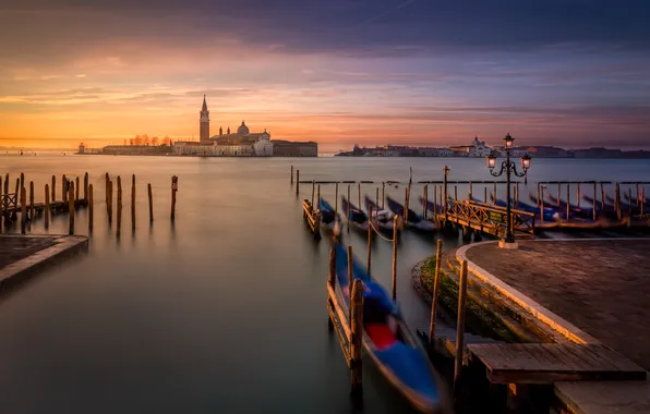 Dawn, island, Italy, Church, lantern, Venice, channel, gondola