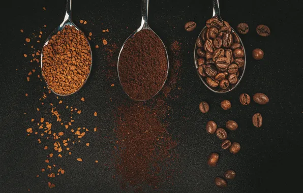 Picture coffee, grain, black background, coffee, grains, black background, spoon, ground