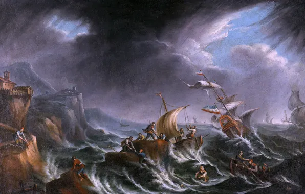 Wave, People, Clouds, The wind, Picture, Ships, Claude-Joseph Vernet, French painter