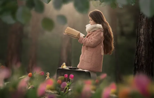 Trees, flowers, girl, tulips, book, suitcase, long hair, Chicks