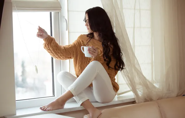 Picture girl, glass, comfort, room, sofa, window, curtains, sitting