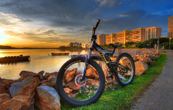 Water, Sunset, The city, Bike
