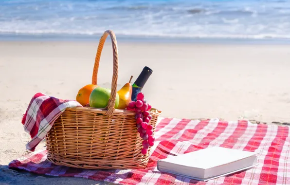 Wallpaper fruit, grapes, basket, wine, book, apples