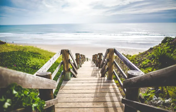 Sea, Beach, Shore, Landscape, Railings, Steps