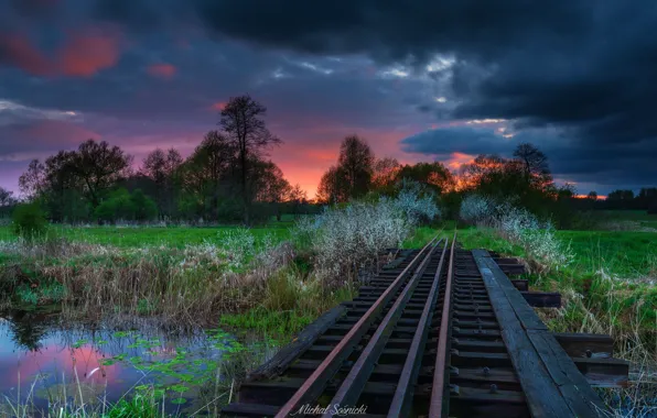 Water, landscape, sunset, clouds, nature, rails, Poland, railroad