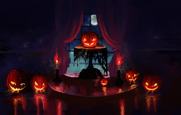 Holidays, halloween, night, art, candles, pumpkin