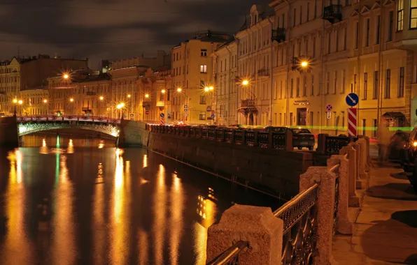 Night, lights, river, home, lights, Saint Petersburg, channel, Russia