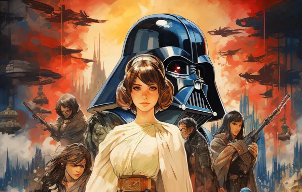 Picture Darth Vader, science fiction, art, Princess Leia, star Wars