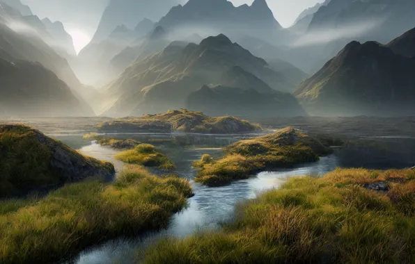 Picture mountains, fog, New Zealand, Fiordland