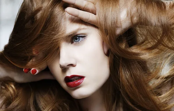 Picture girl, face, hair, hands, actress, red lips, Amy Adams