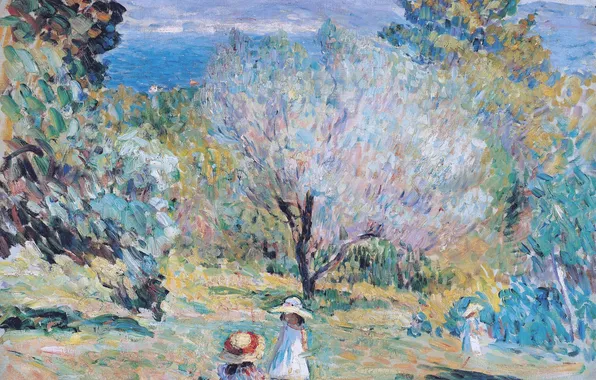Picture landscape, mountains, children, paint, picture, Henri Lebacq, Girls in a Mediterranean Landscape
