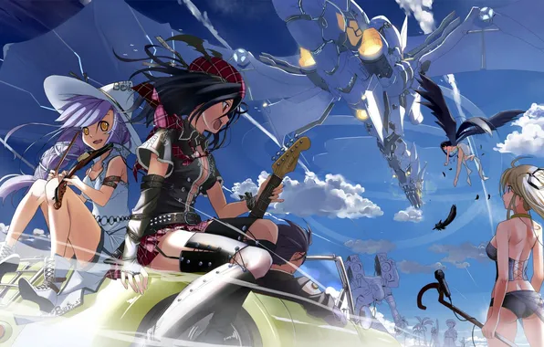 Machine, the sky, clouds, girls, violin, ship, wings, anime