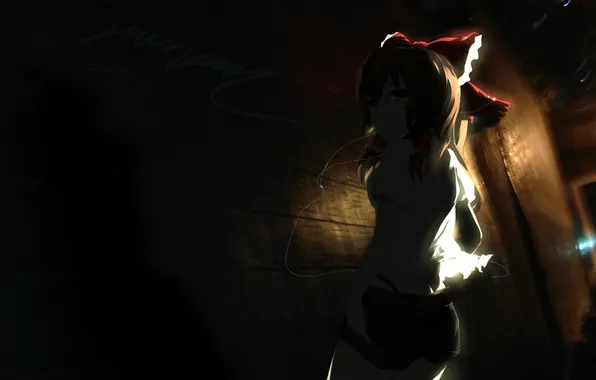 Picture girl, darkness, wire, anime, headphones, art, lantern, bow