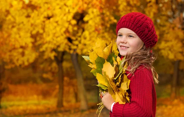 Picture autumn, look, leaves, trees, smile, blonde, girl, takes
