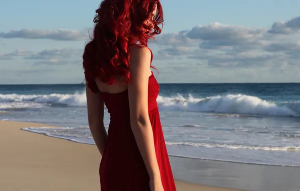 Picture sea, wave, the sky, girl, hands, red dress, curls, red hair