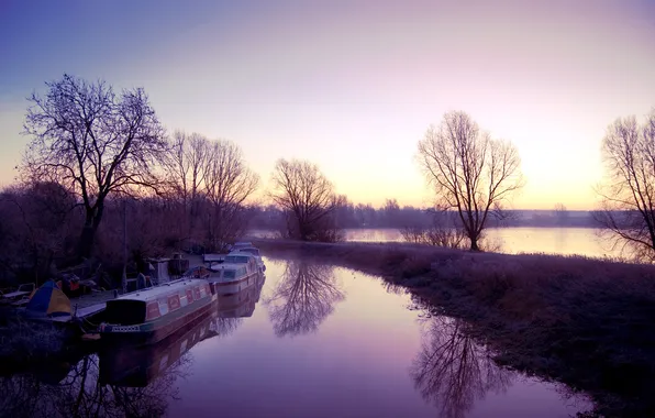 Trees, sunset, lake, boats