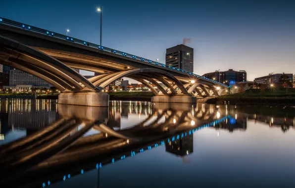 Night, bridge, lights, USA, Columbus