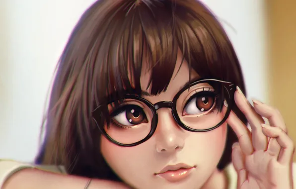 Eyes, look, girl, face, beauty, anime, art, glasses