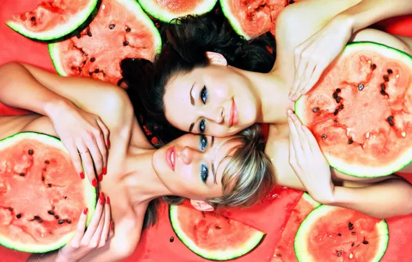 Look, girls, brunette, blonde, seeds, smile, watermelons, lie