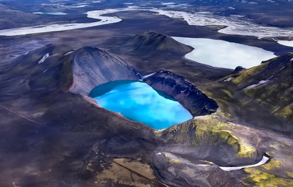 Mountains, lake, river, the volcano, crater