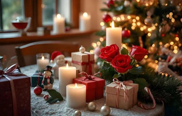 Flowers, table, room, toys, roses, bouquet, candles, window