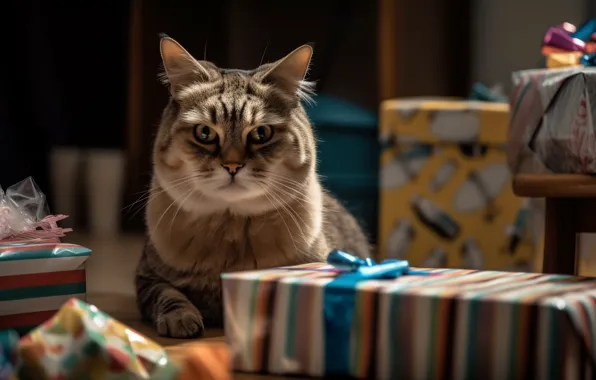 Cat, cat, look, room, holiday, portrait, art, Christmas