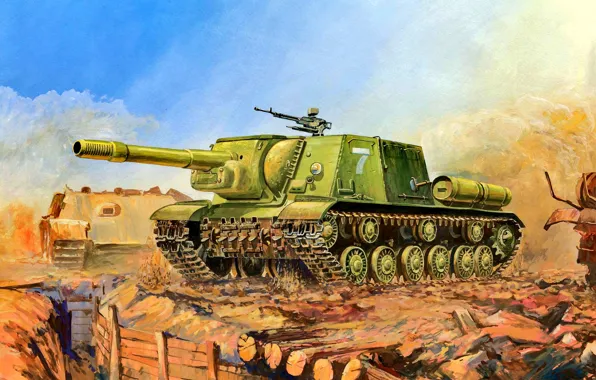 Picture SAU, The red army, ISU-152, Soviet, Heavy, The trench, 152 mm howitzer-gun ML-20