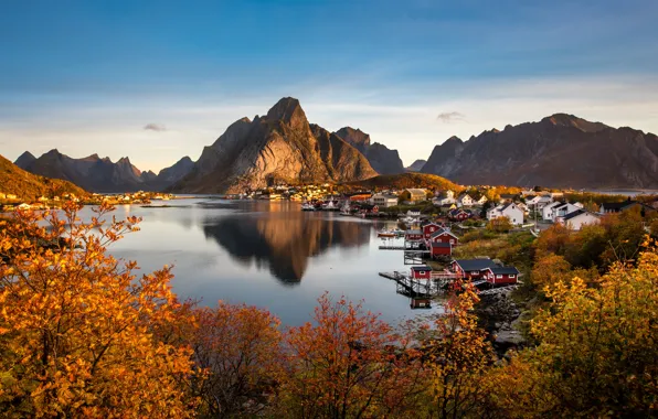 Picture autumn, landscape, mountains, nature, home, morning, village, Norway