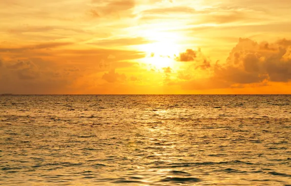 Sea, the sky, the sun, clouds, horizon, glow, The Maldives