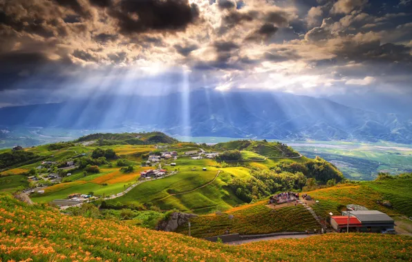 The sky, rays, trees, mountains, clouds, people, home, valley
