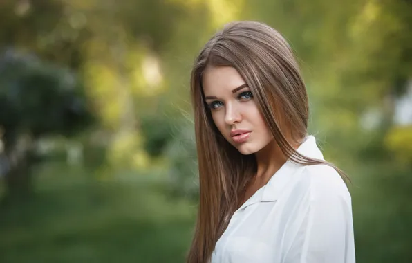 Look, pose, model, portrait, makeup, hairstyle, blouse, brown hair