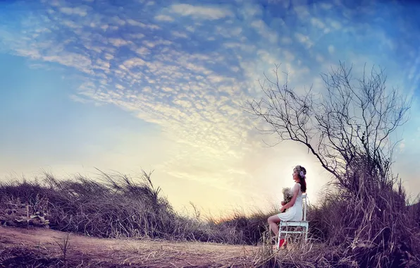 Picture the sky, girl, chair