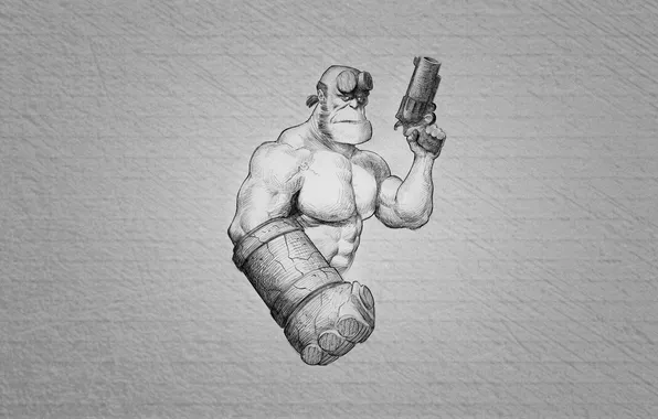 Picture black and white, gun, Hellboy, Hellboy, dark grey